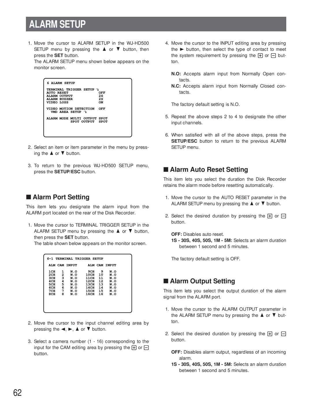 Panasonic WJ-HD500A manual Alarm Setup, Alarm Port Setting, Alarm Auto Reset Setting, Alarm Output Setting 