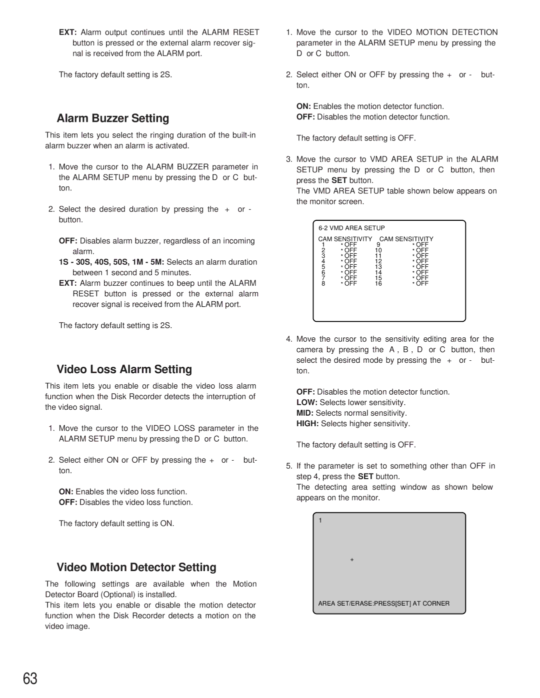 Panasonic WJ-HD500A manual Alarm Buzzer Setting, Video Loss Alarm Setting, Video Motion Detector Setting 