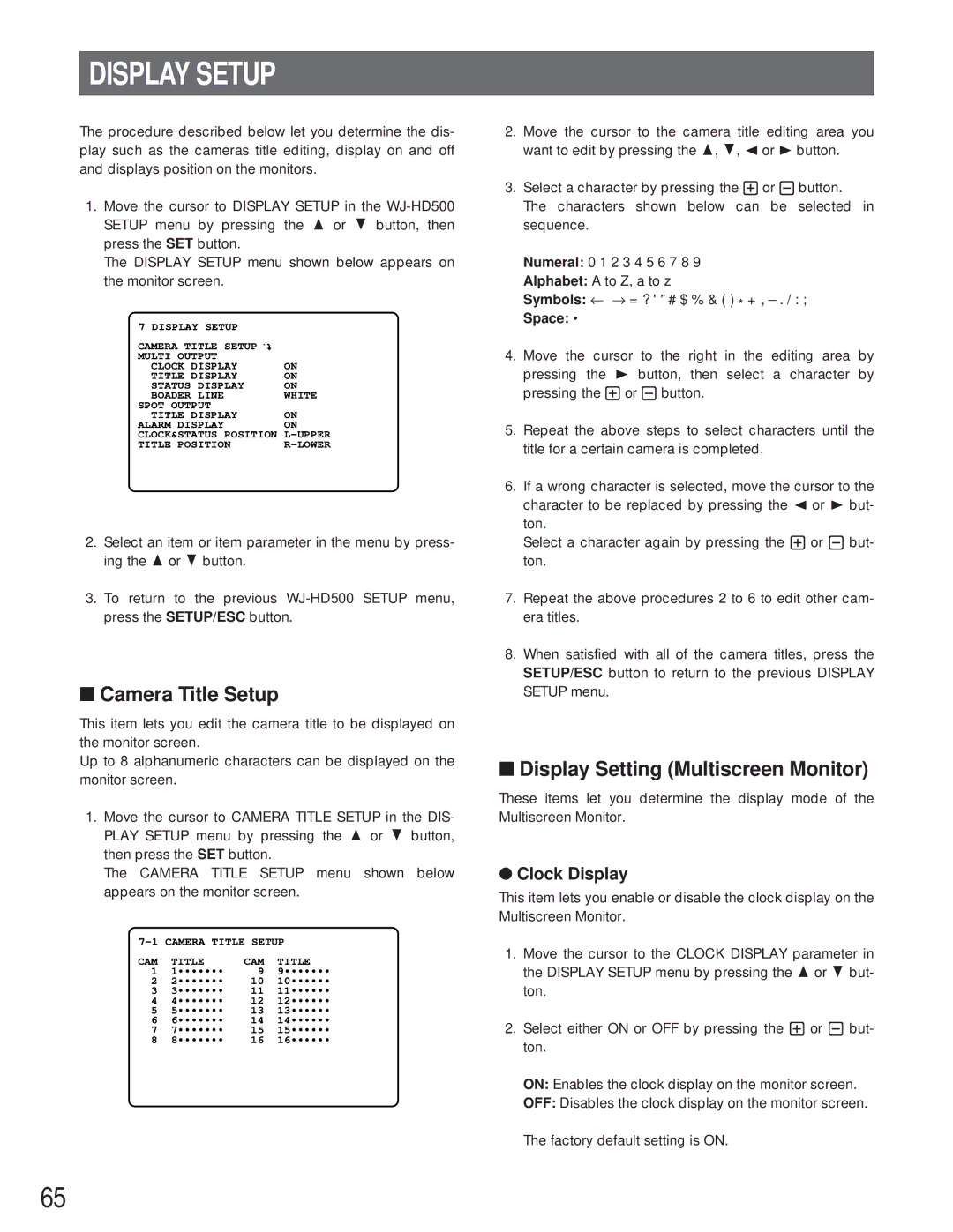 Panasonic WJ-HD500A manual Display Setup, Camera Title Setup, Display Setting Multiscreen Monitor, Clock Display 