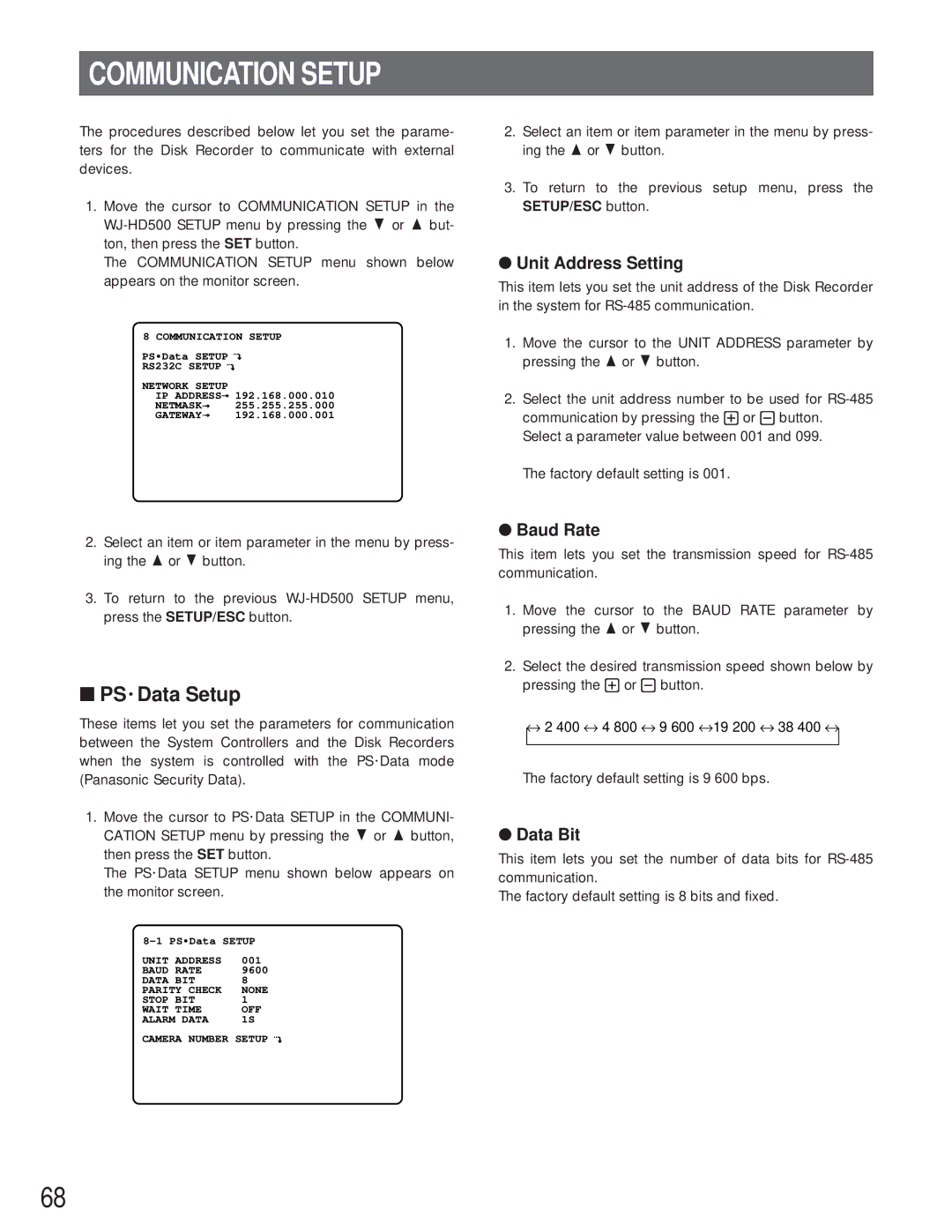 Panasonic WJ-HD500A manual Communication Setup, PS Data Setup, Unit Address Setting, Baud Rate, Data Bit 