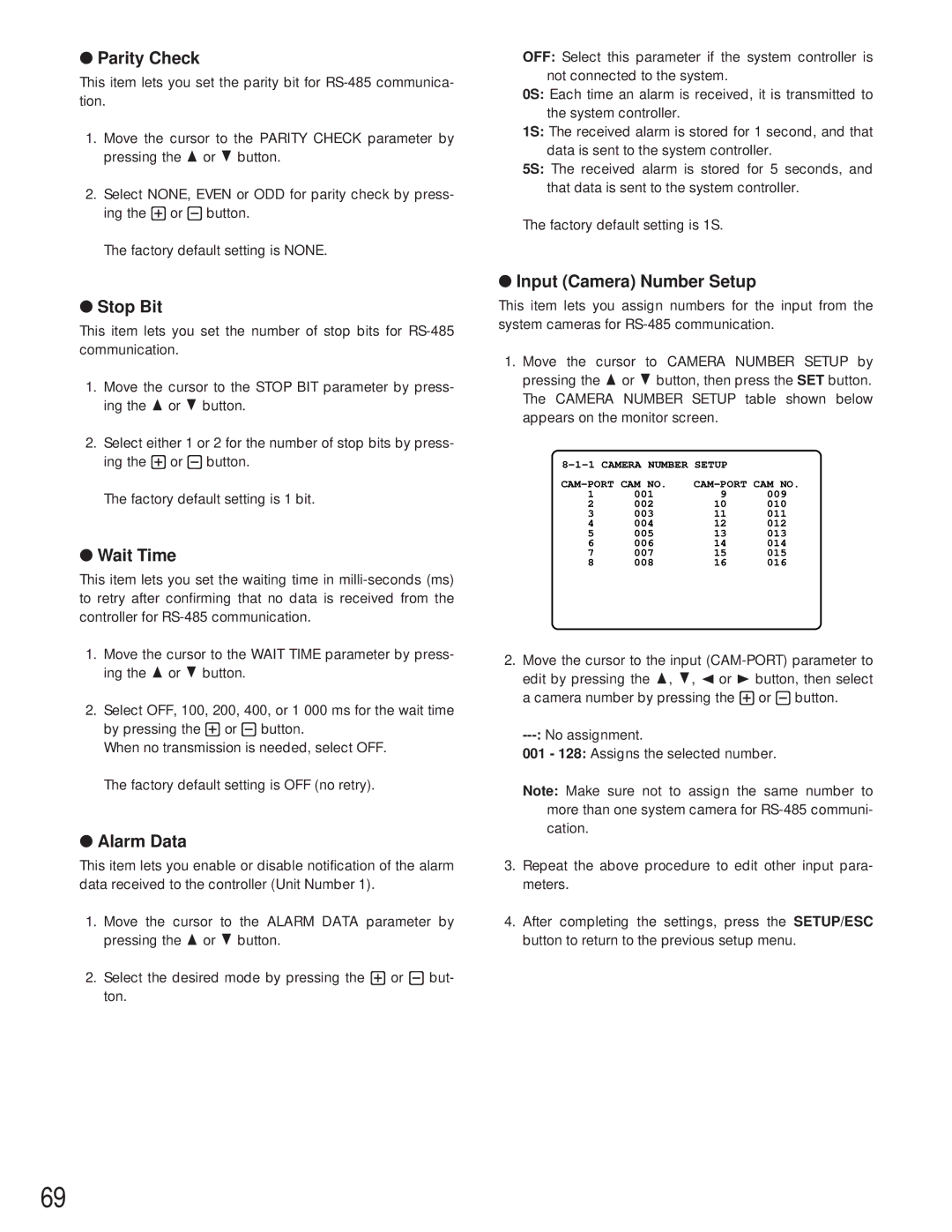 Panasonic WJ-HD500A manual Parity Check, Stop Bit, Wait Time, Alarm Data, Input Camera Number Setup 