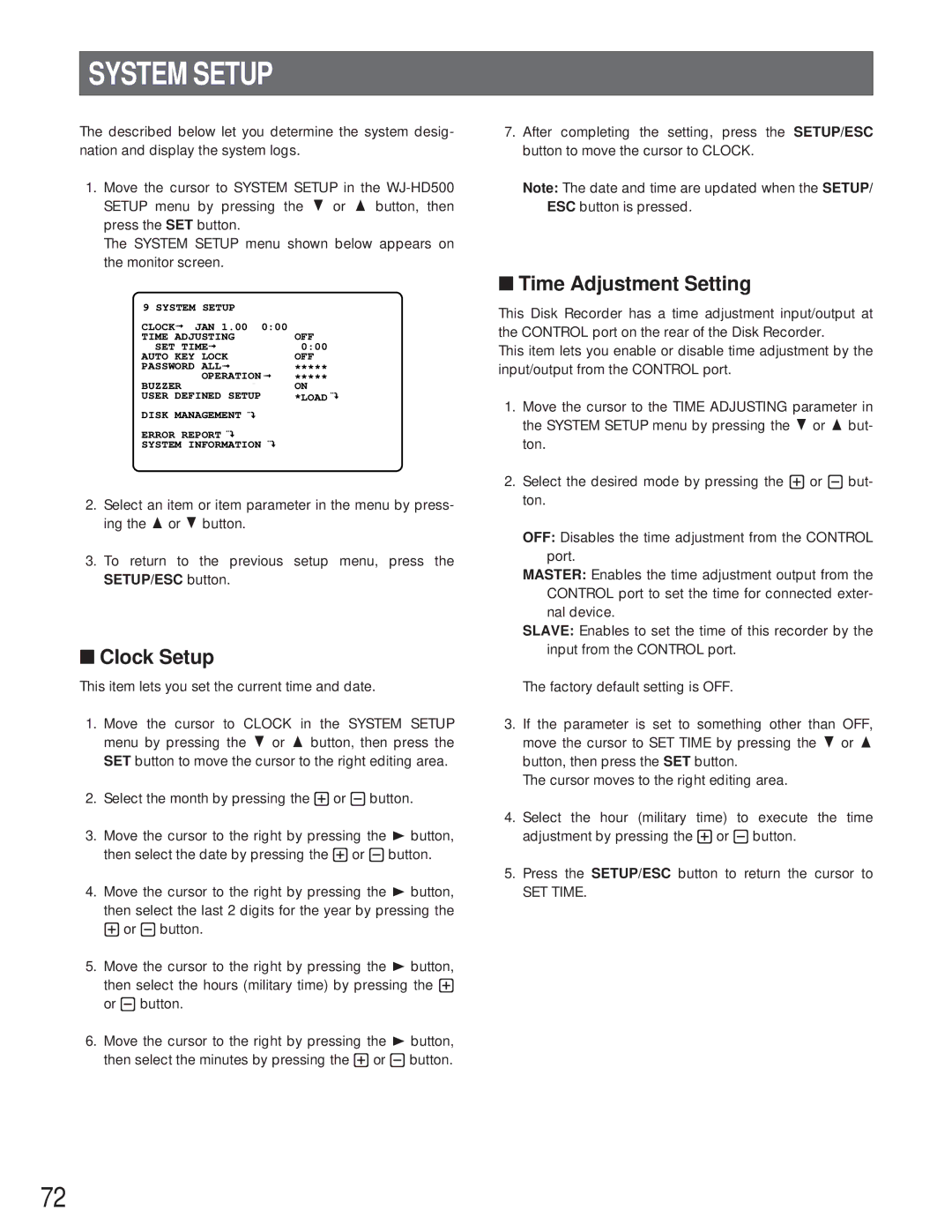 Panasonic WJ-HD500A manual System Setup, Clock Setup, Time Adjustment Setting, SET Time 