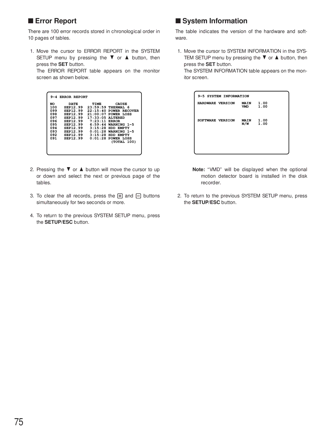 Panasonic WJ-HD500A manual Error Report, System Information 