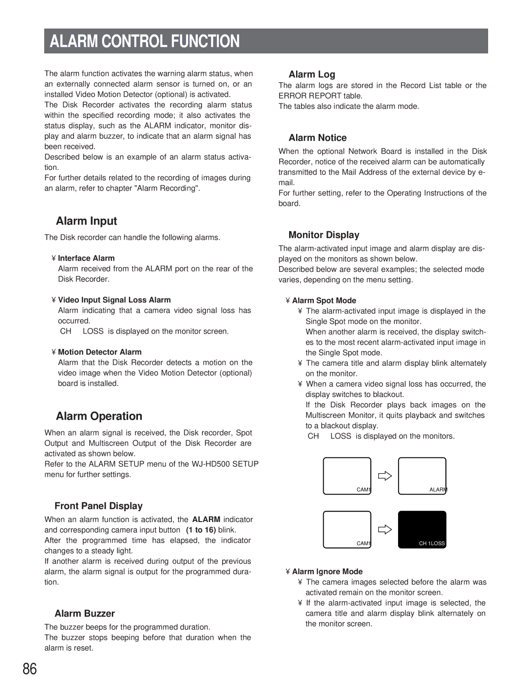 Panasonic WJ-HD500A manual Alarm Control Function, Alarm Input, Alarm Operation 