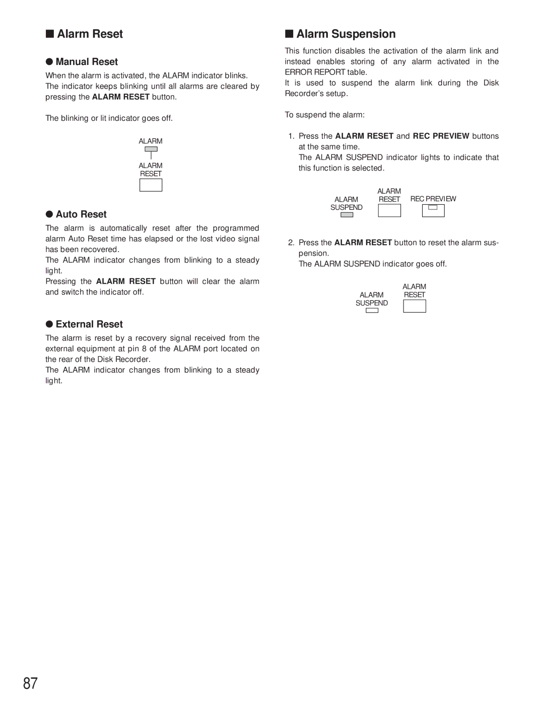 Panasonic WJ-HD500A manual Alarm Reset, Alarm Suspension, Manual Reset, Auto Reset, External Reset 