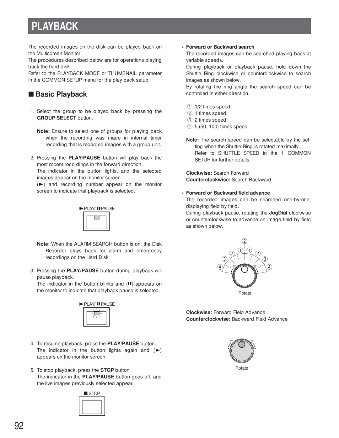 Panasonic WJ-HD500A manual Basic Playback, Stop, Forward or Backward search 