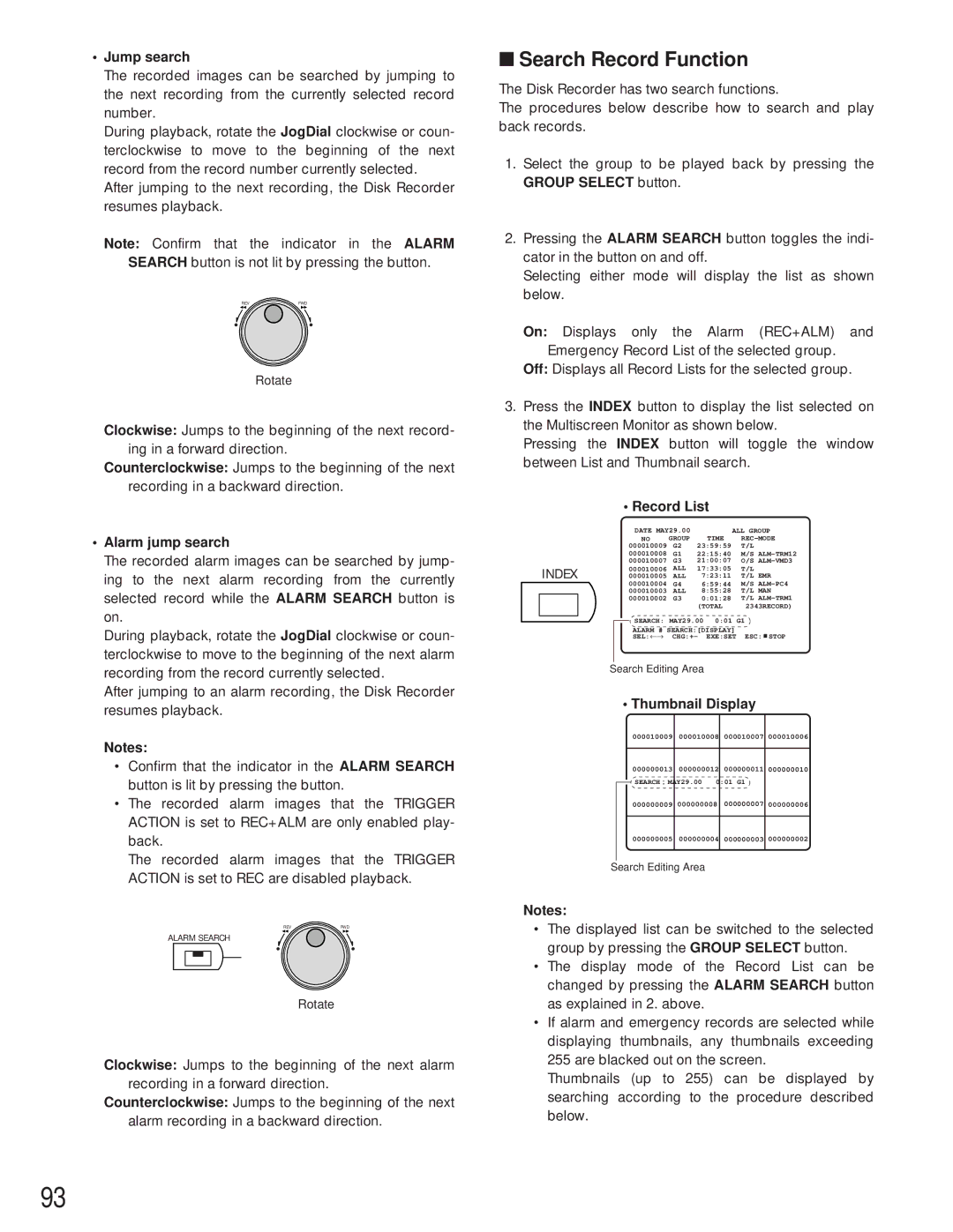 Panasonic WJ-HD500A manual Search Record Function, Jump search, Alarm jump search, Record List, Thumbnail Display 