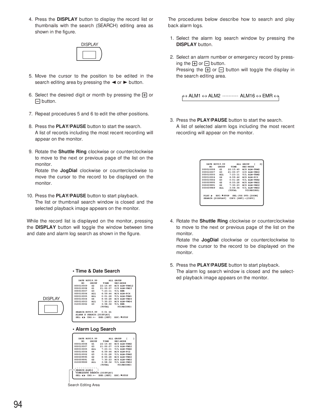 Panasonic WJ-HD500A manual Display, Time & Date Search, Alarm Log Search 