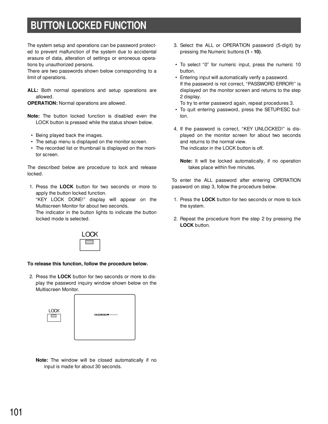 Panasonic WJ-HD500A manual Button Locked Function, To release this function, follow the procedure below 