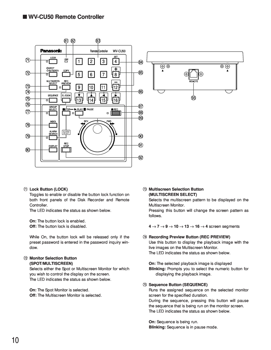 Panasonic WJ-HD500A manual WV-CU50 Remote Controller 