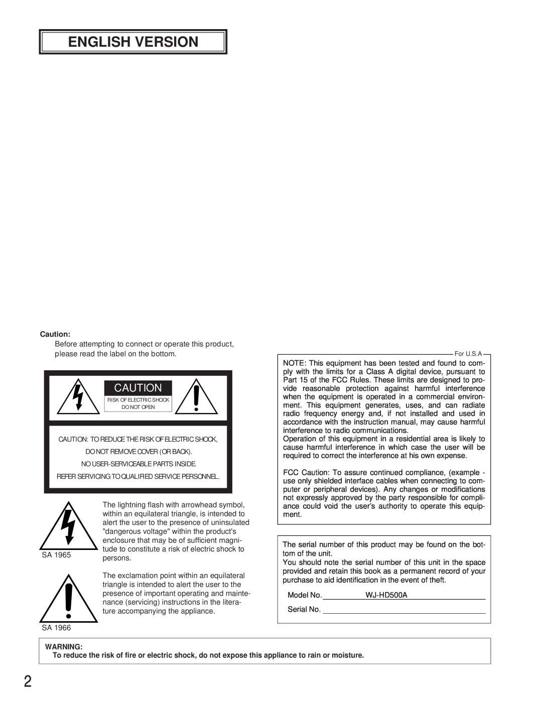 Panasonic WJ-HD500A manual English Version, Risk Of Electric Shock Do Not Open, For U.S.A 