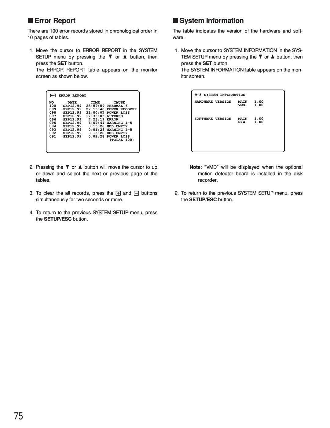 Panasonic WJ-HD500A manual Error Report, System Information 