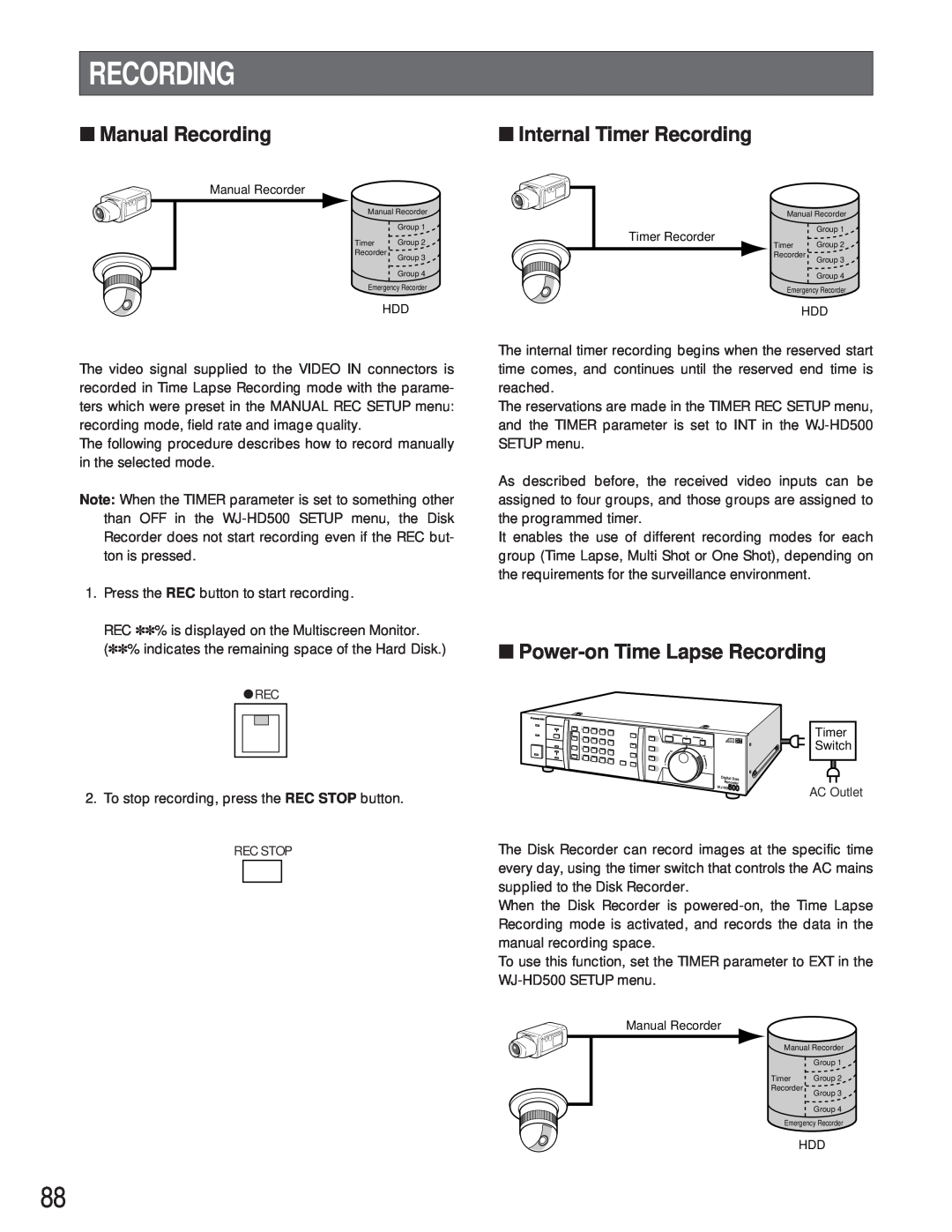 Panasonic WJ-HD500A manual Manual Recording, Internal Timer Recording, Power-on Time Lapse Recording 