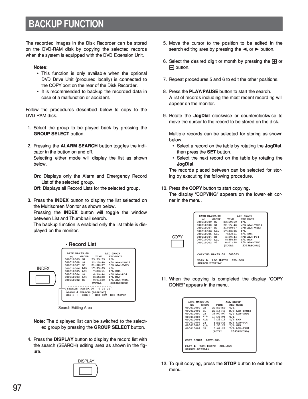 Panasonic WJ-HD500A manual Backup Function, Record List 