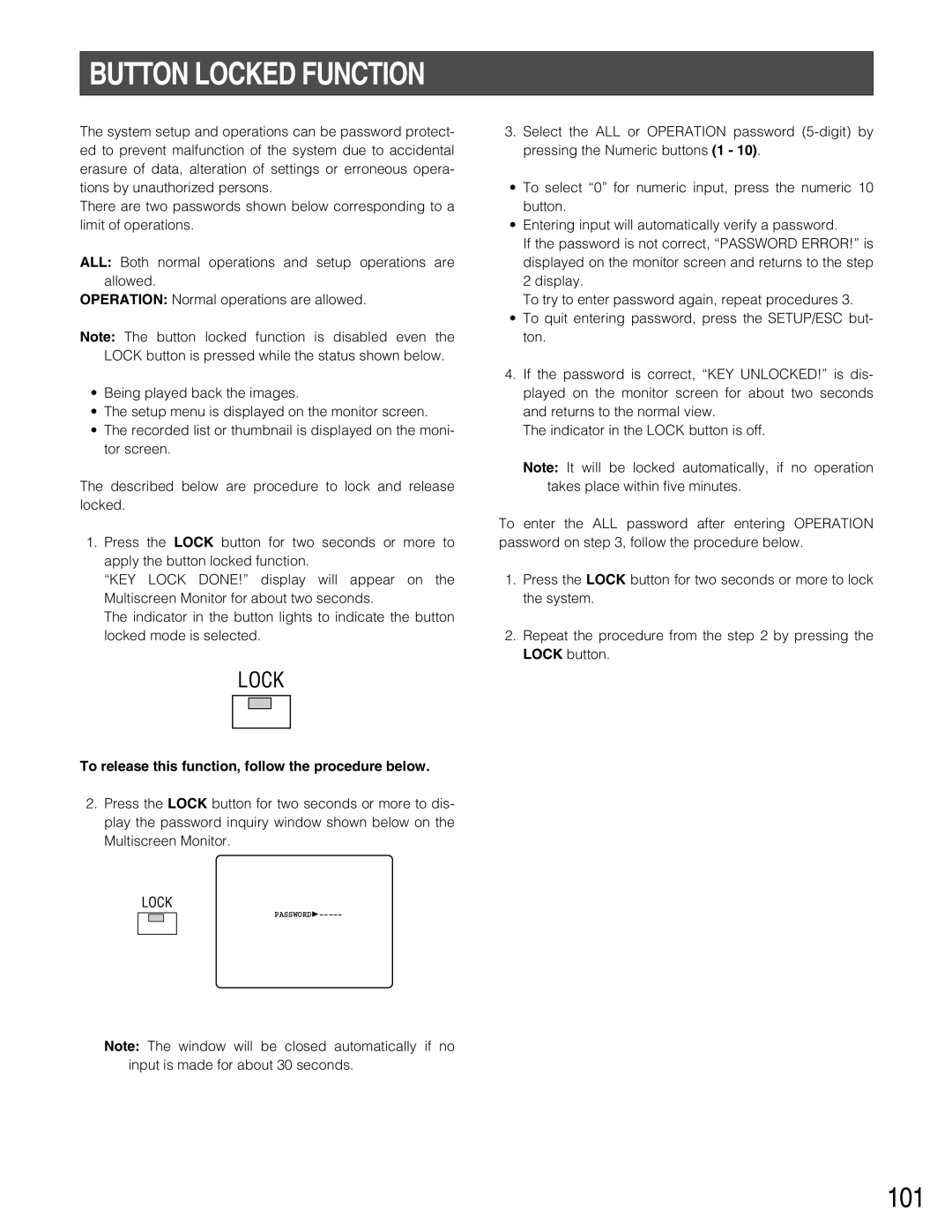 Panasonic WJ-HD500B manual Button Locked Function, To release this function, follow the procedure below 