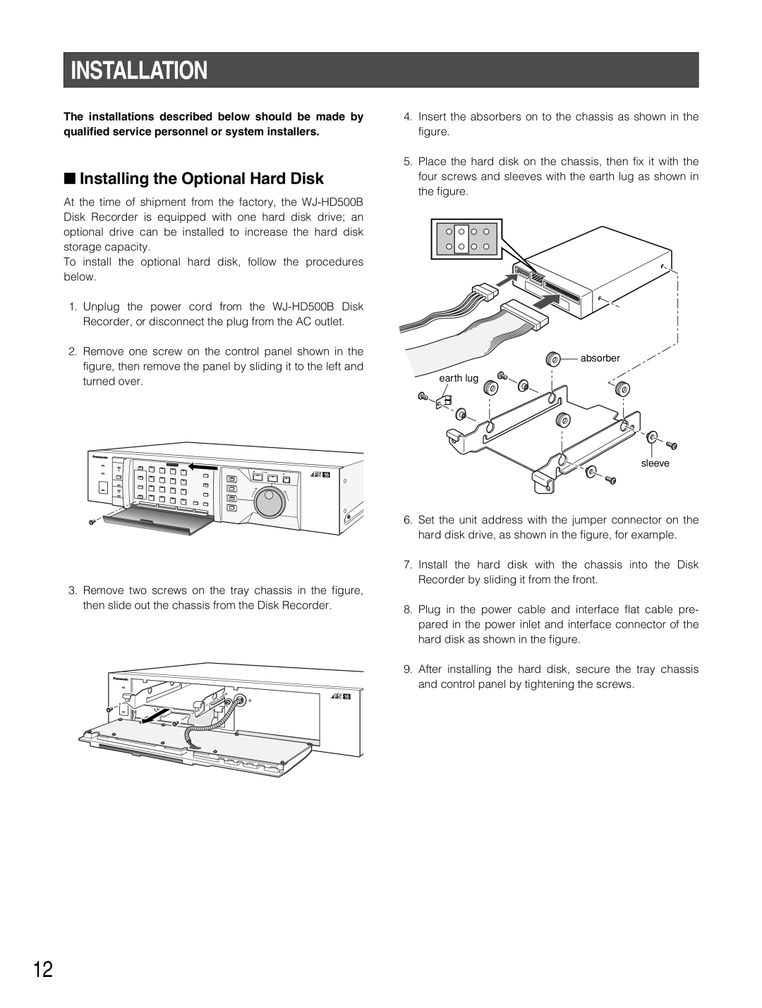 Panasonic WJ-HD500B manual Installation, Installing the Optional Hard Disk 