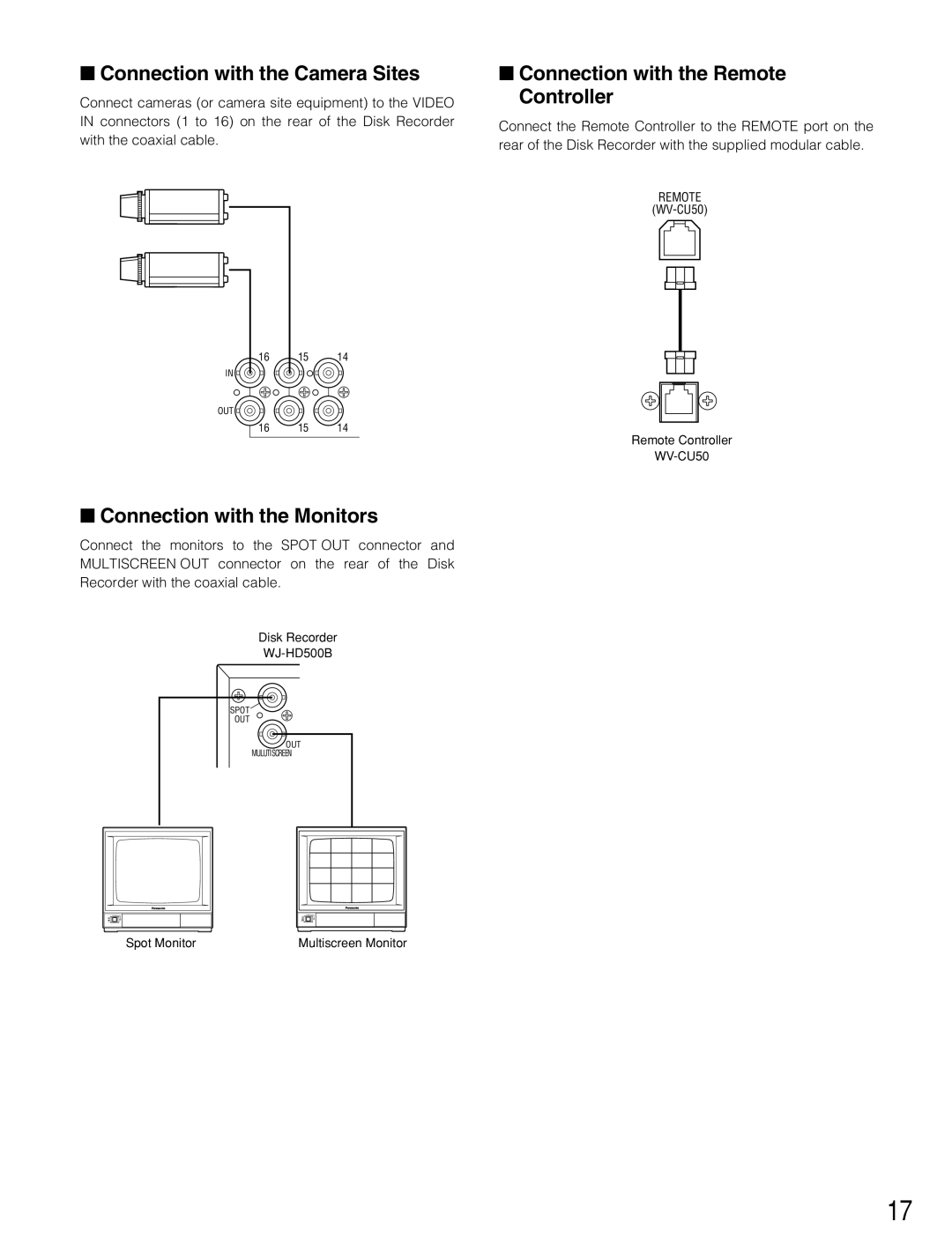Panasonic WJ-HD500B Connection with the Camera Sites, Connection with the Monitors, Connection with the Remote Controller 