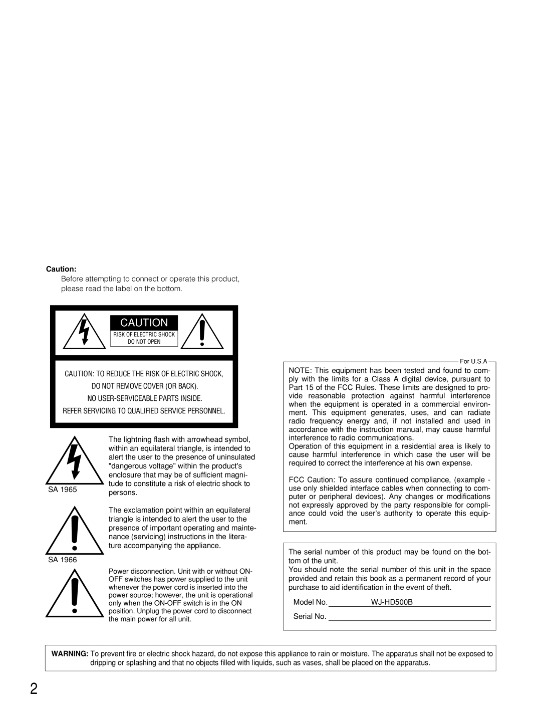 Panasonic WJ-HD500B manual Lightning flash with arrowhead symbol 