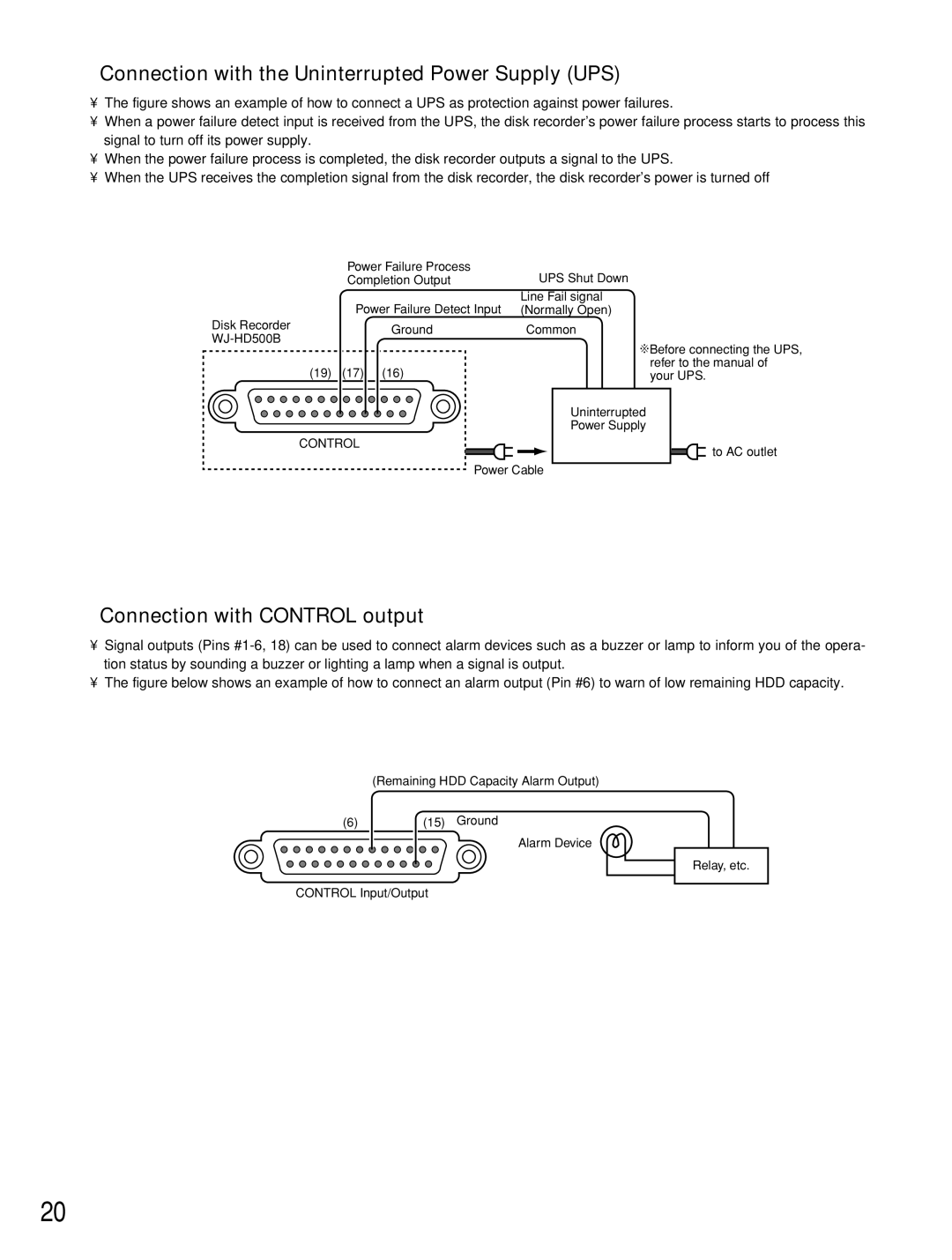 Panasonic WJ-HD500B manual Connection with the Uninterrupted Power Supply UPS, Connection with Control output 