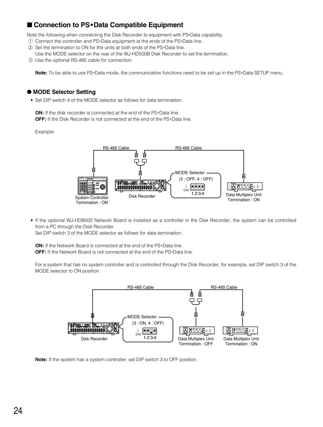 Panasonic WJ-HD500B manual Connection to PS Data Compatible Equipment, Mode Selector Setting 