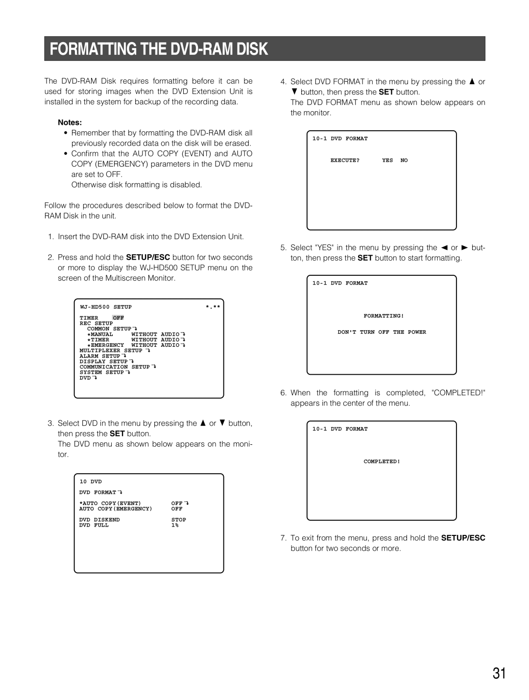 Panasonic WJ-HD500B manual Formatting the DVD-RAM Disk 