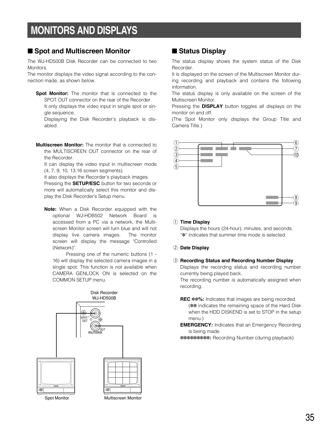 Panasonic WJ-HD500B manual Monitors and Displays, Spot and Multiscreen Monitor, Status Display, Time Display 