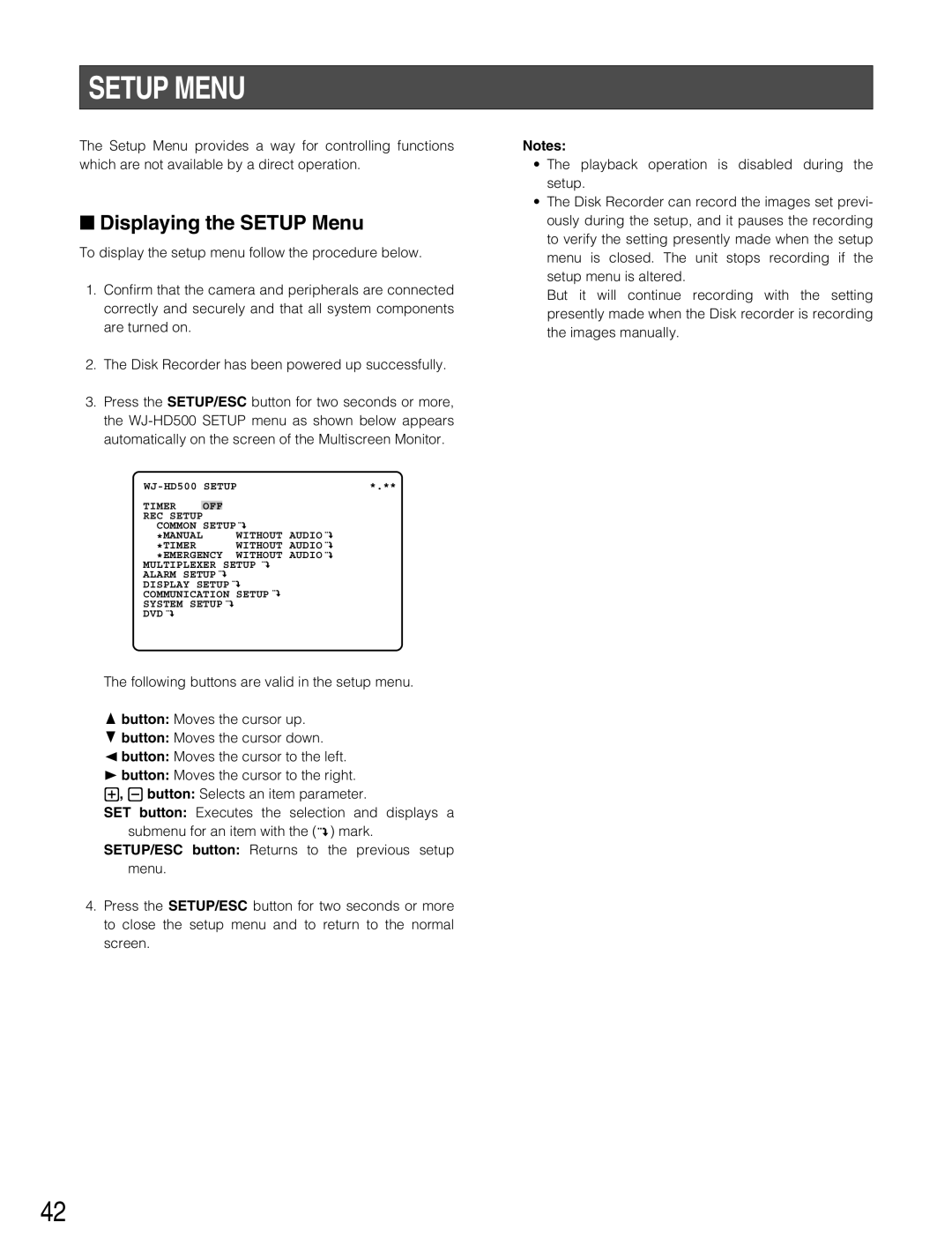 Panasonic WJ-HD500B manual Displaying the Setup Menu 