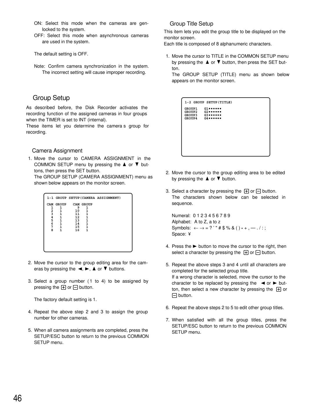 Panasonic WJ-HD500B manual Group Setup, Group Title Setup, Camera Assignment, Space 