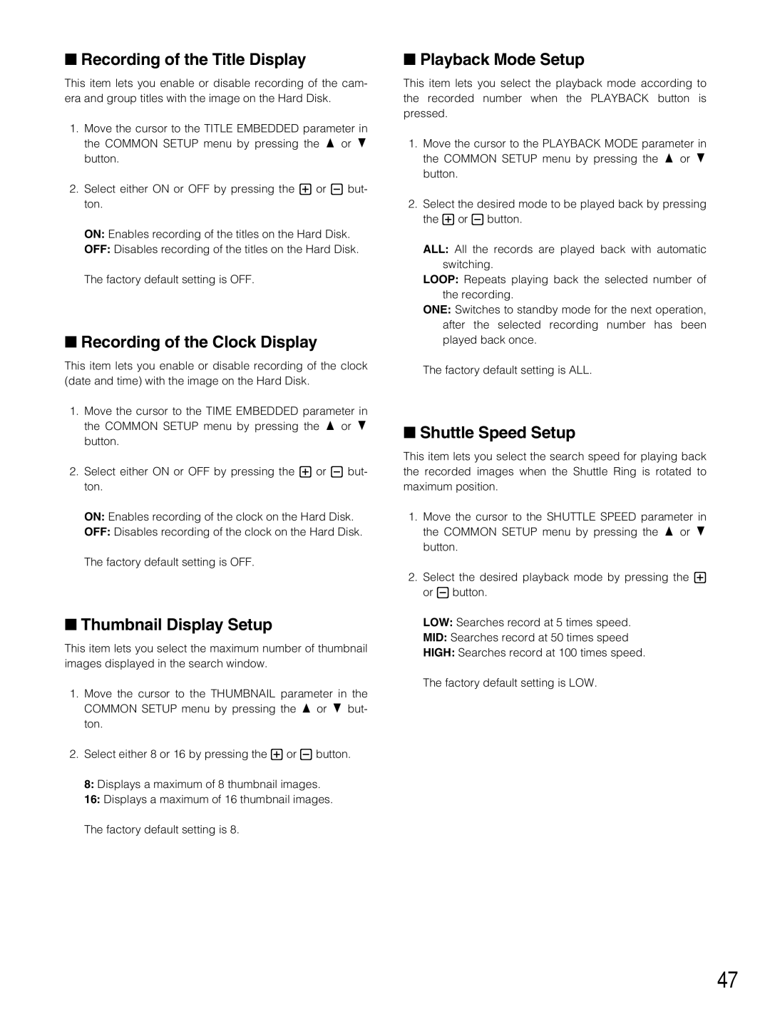 Panasonic WJ-HD500B manual Recording of the Title Display, Recording of the Clock Display, Thumbnail Display Setup 