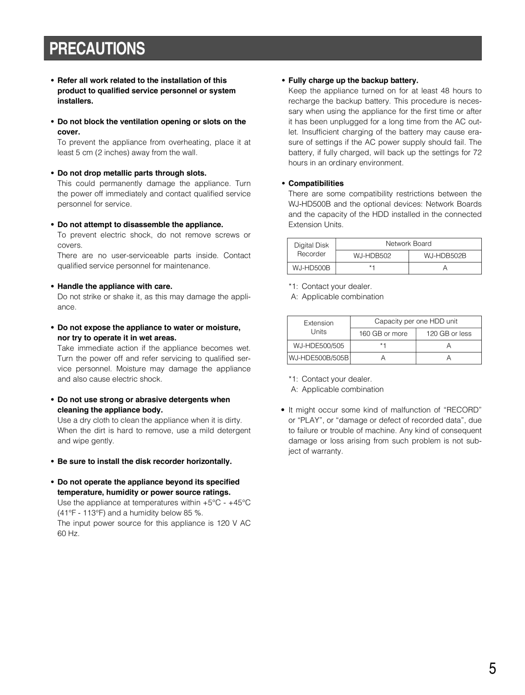 Panasonic WJ-HD500B manual Precautions 