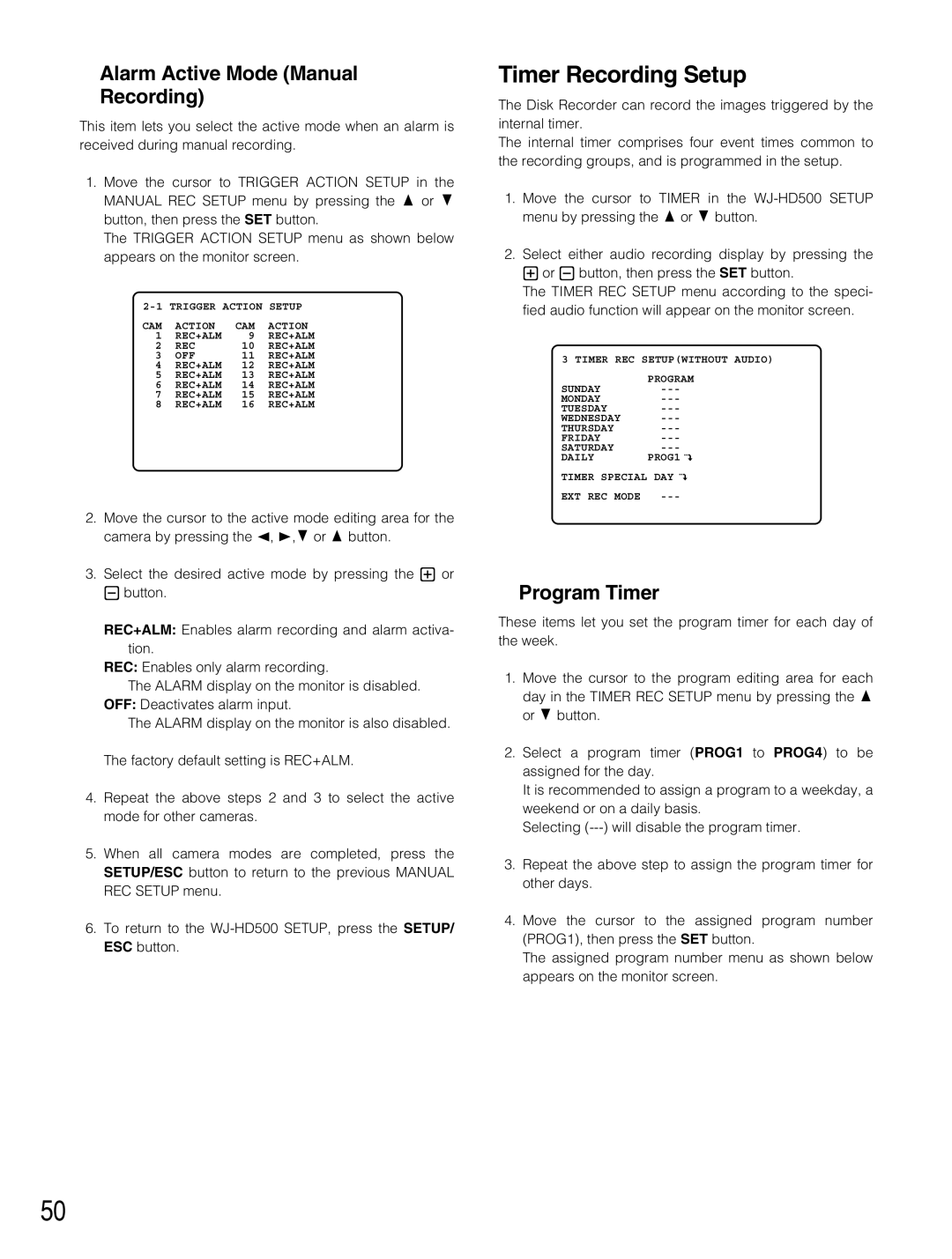 Panasonic WJ-HD500B manual Alarm Active Mode Manual Recording, Program Timer 