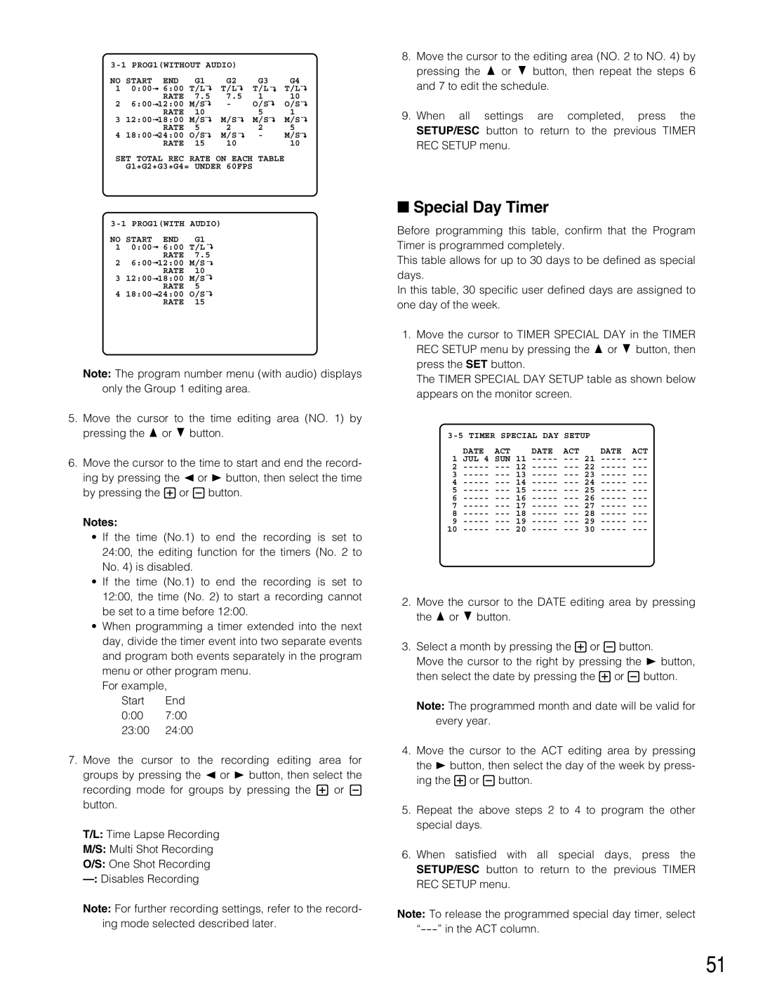 Panasonic WJ-HD500B manual Special Day Timer 