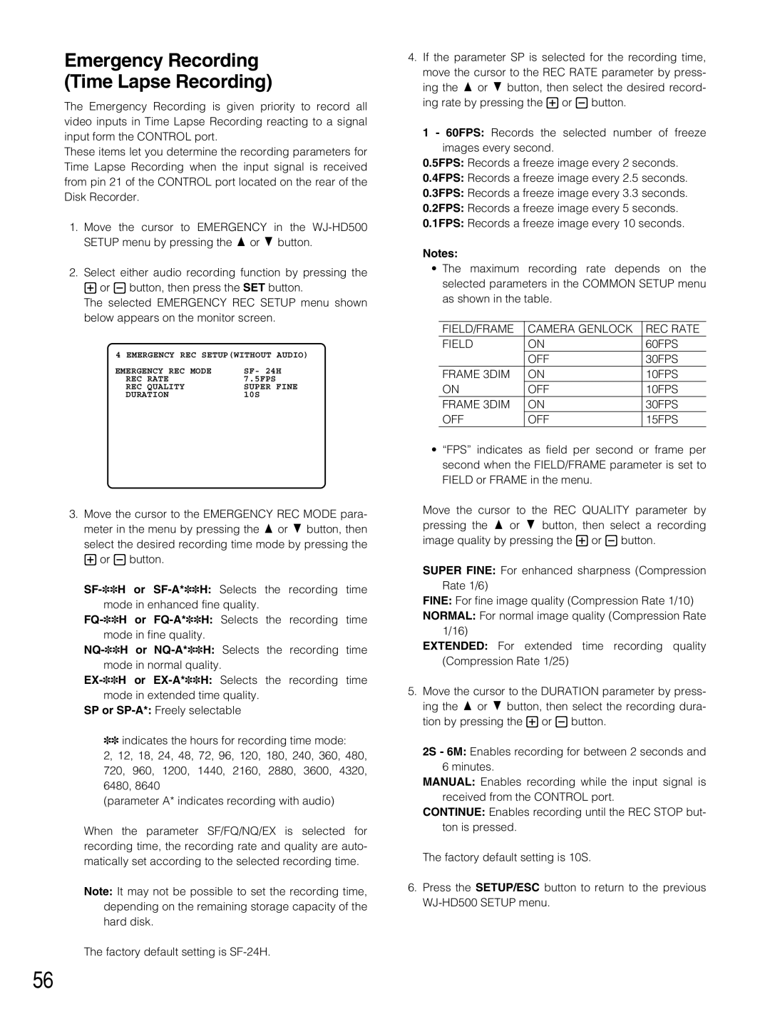 Panasonic WJ-HD500B manual Emergency Recording Time Lapse Recording 