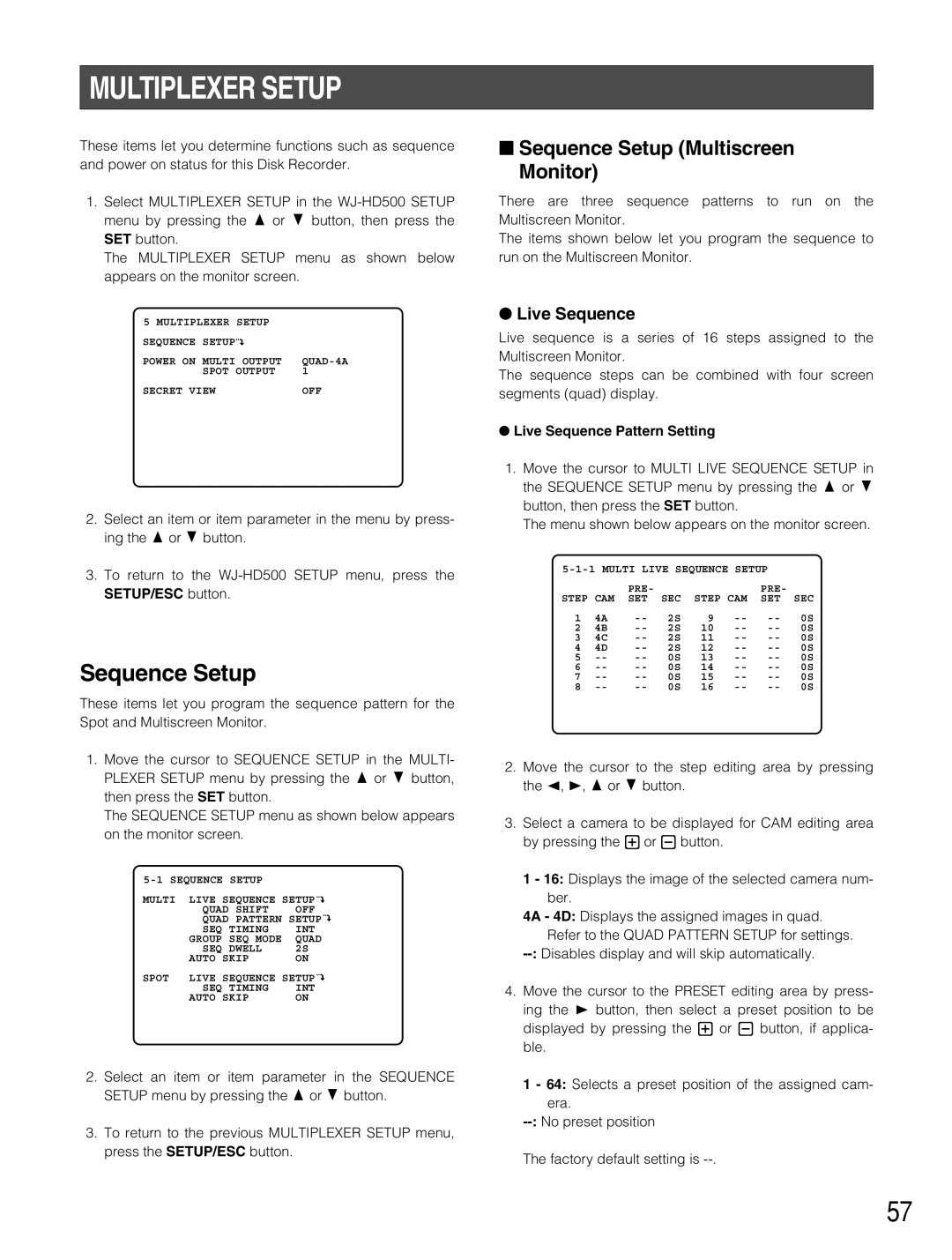 Panasonic WJ-HD500B manual Multiplexer Setup, Sequence Setup Multiscreen Monitor, Live Sequence Pattern Setting 