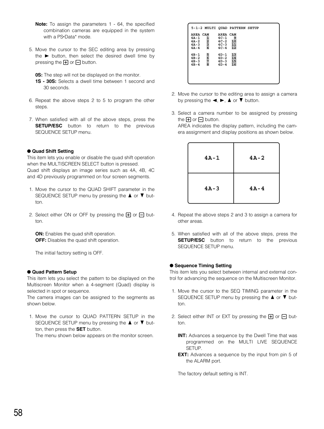 Panasonic WJ-HD500B manual Quad Shift Setting, Quad Pattern Setup, Sequence Timing Setting 