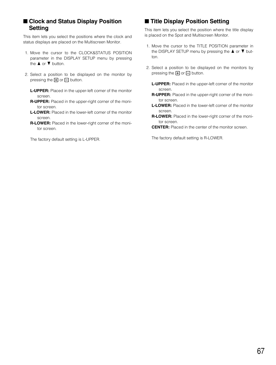 Panasonic WJ-HD500B manual Clock and Status Display Position Setting, Title Display Position Setting 