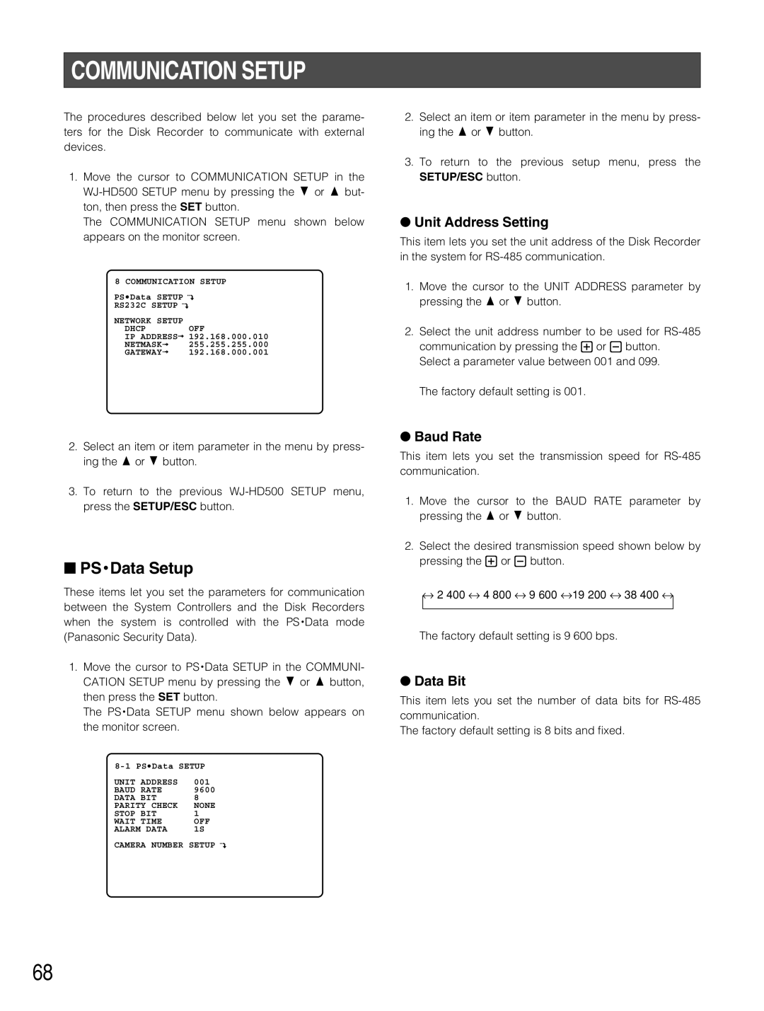 Panasonic WJ-HD500B manual Communication Setup, PS Data Setup, Unit Address Setting, Baud Rate, Data Bit 