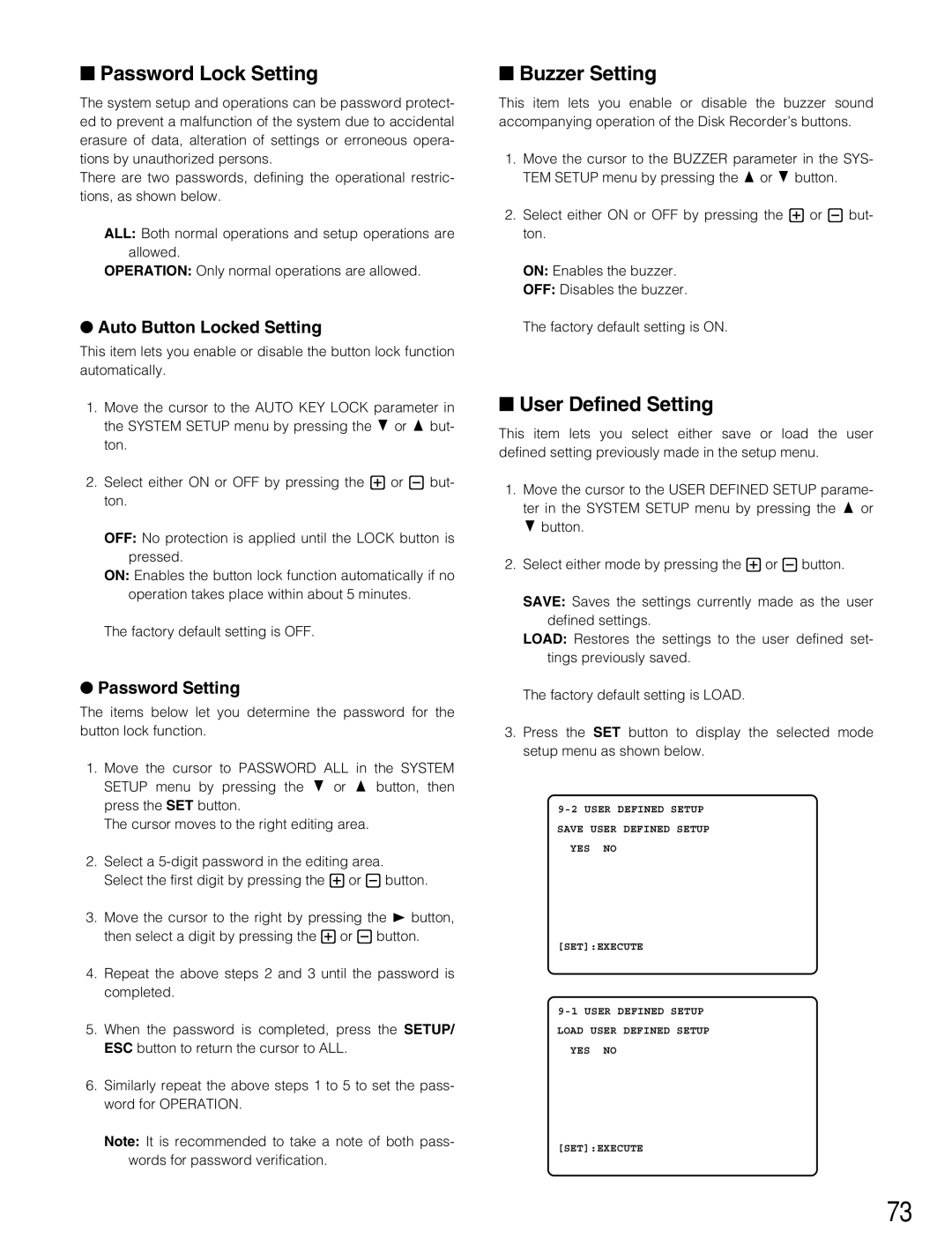 Panasonic WJ-HD500B manual Password Lock Setting, Buzzer Setting, User Defined Setting, Auto Button Locked Setting 