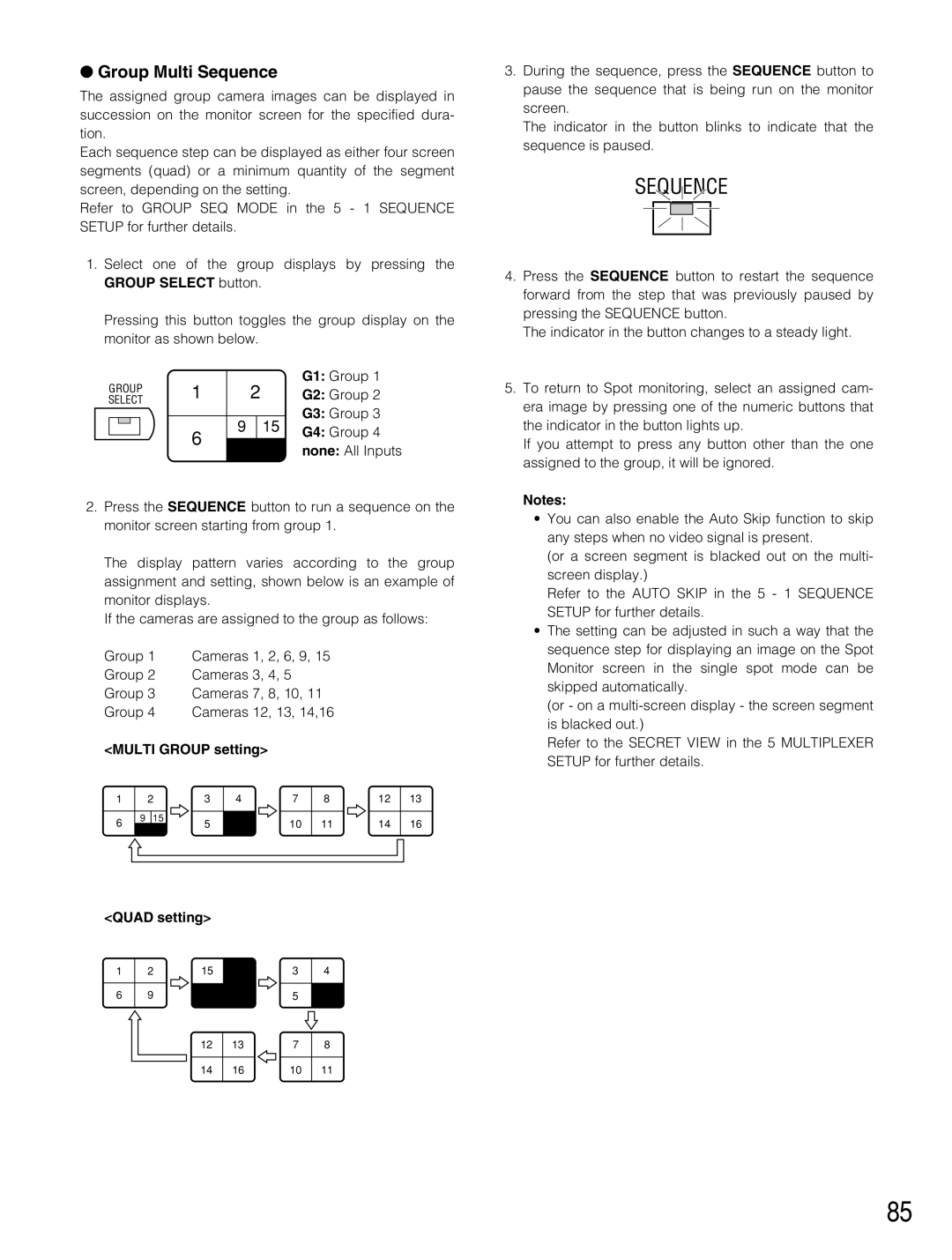 Panasonic WJ-HD500B manual Group Multi Sequence, Multi Group setting Quad setting 