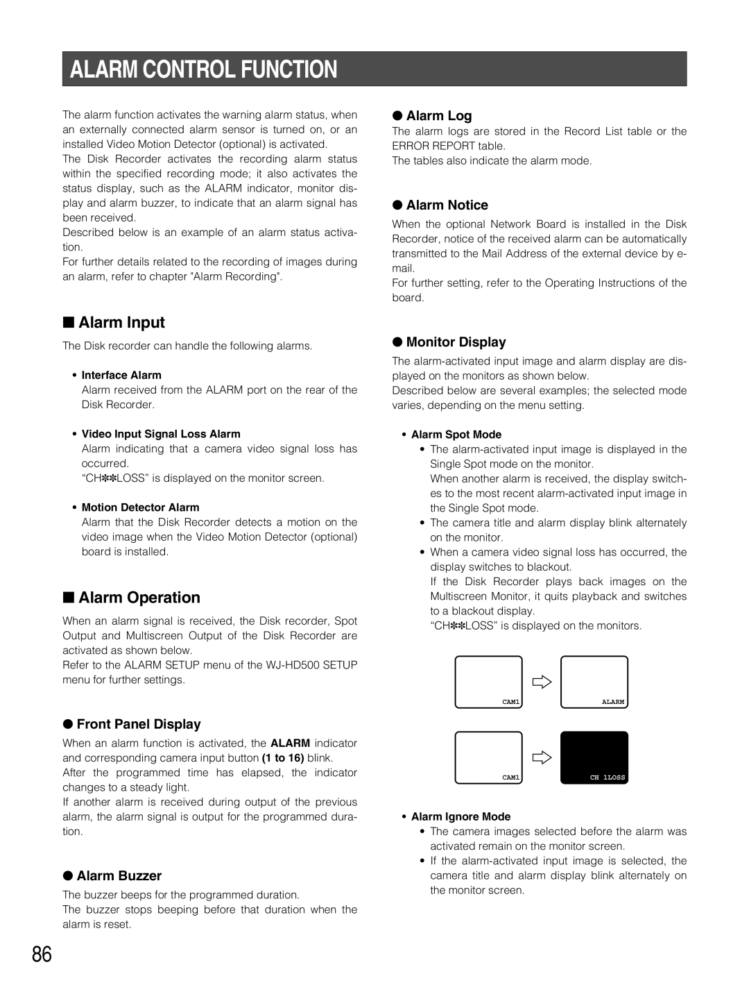 Panasonic WJ-HD500B manual Alarm Control Function, Alarm Input, Alarm Operation 