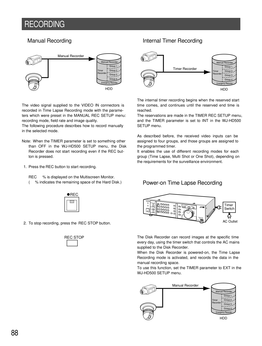 Panasonic WJ-HD500B manual Manual Recording, Internal Timer Recording, Power-on Time Lapse Recording 