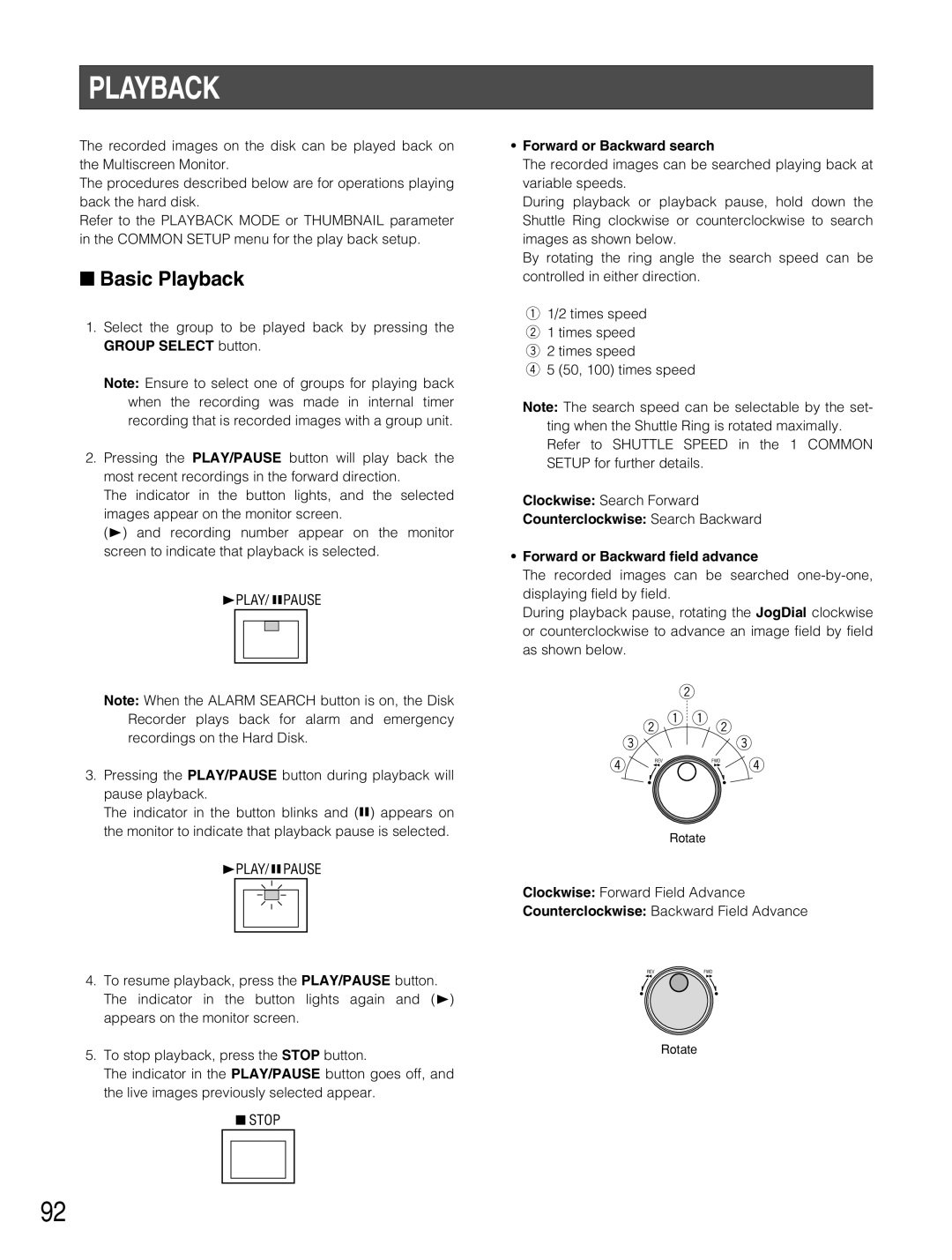 Panasonic WJ-HD500B manual Basic Playback, Stop, Forward or Backward search 