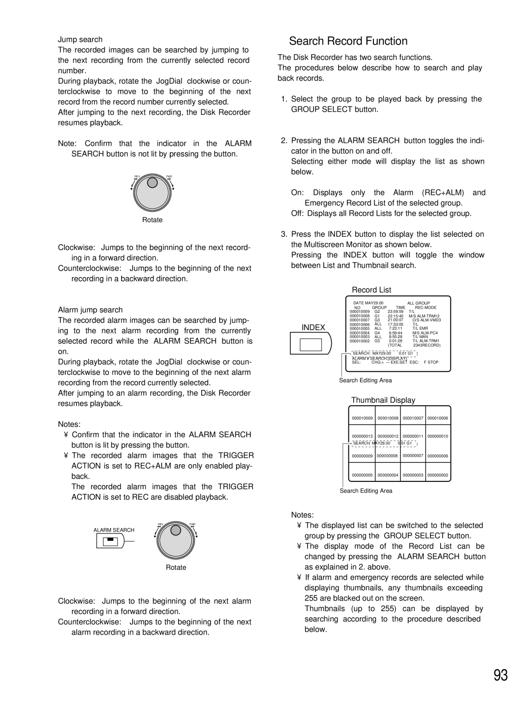 Panasonic WJ-HD500B manual Search Record Function, Jump search, Alarm jump search, Record List, Thumbnail Display 