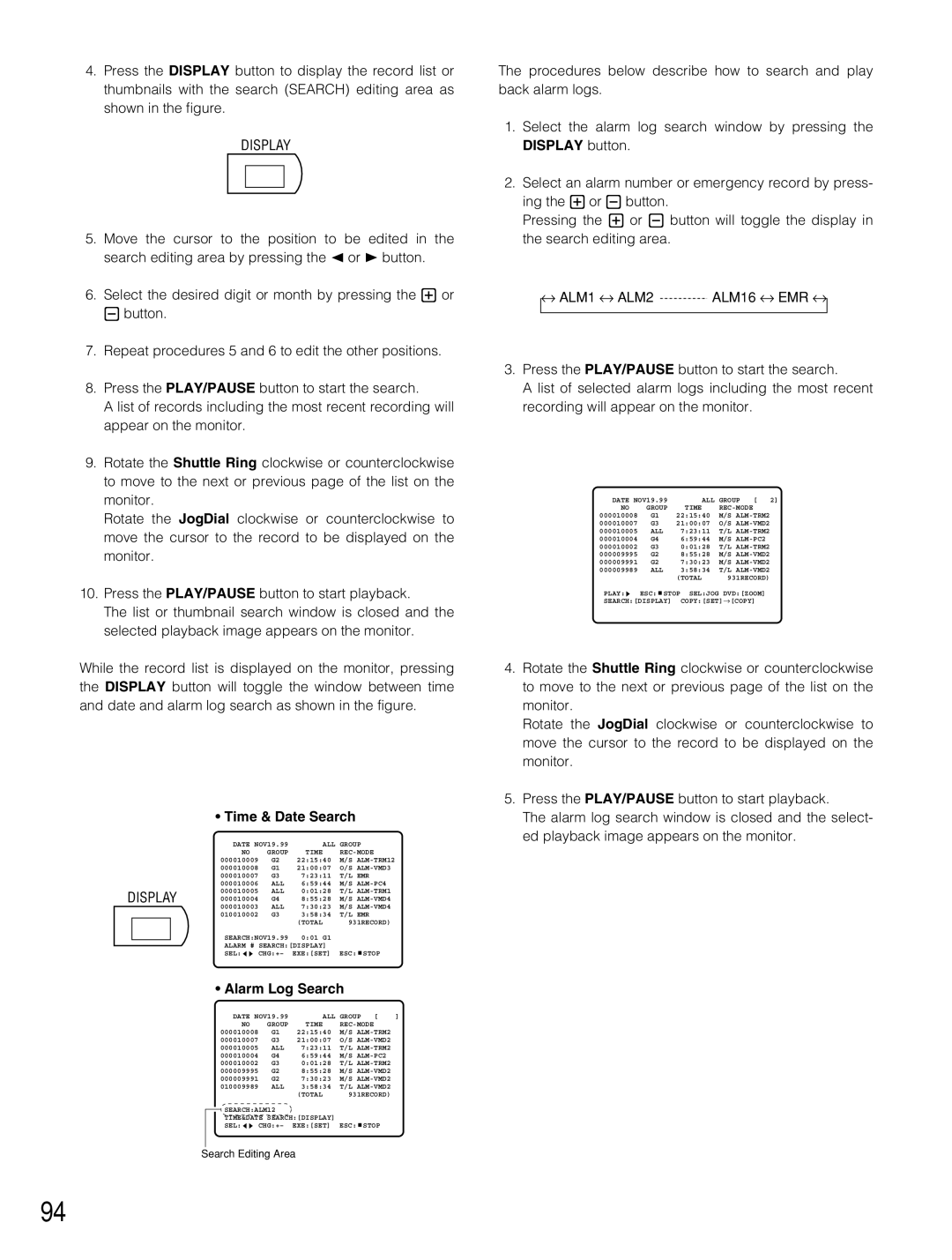 Panasonic WJ-HD500B manual Display, Time & Date Search, Alarm Log Search 