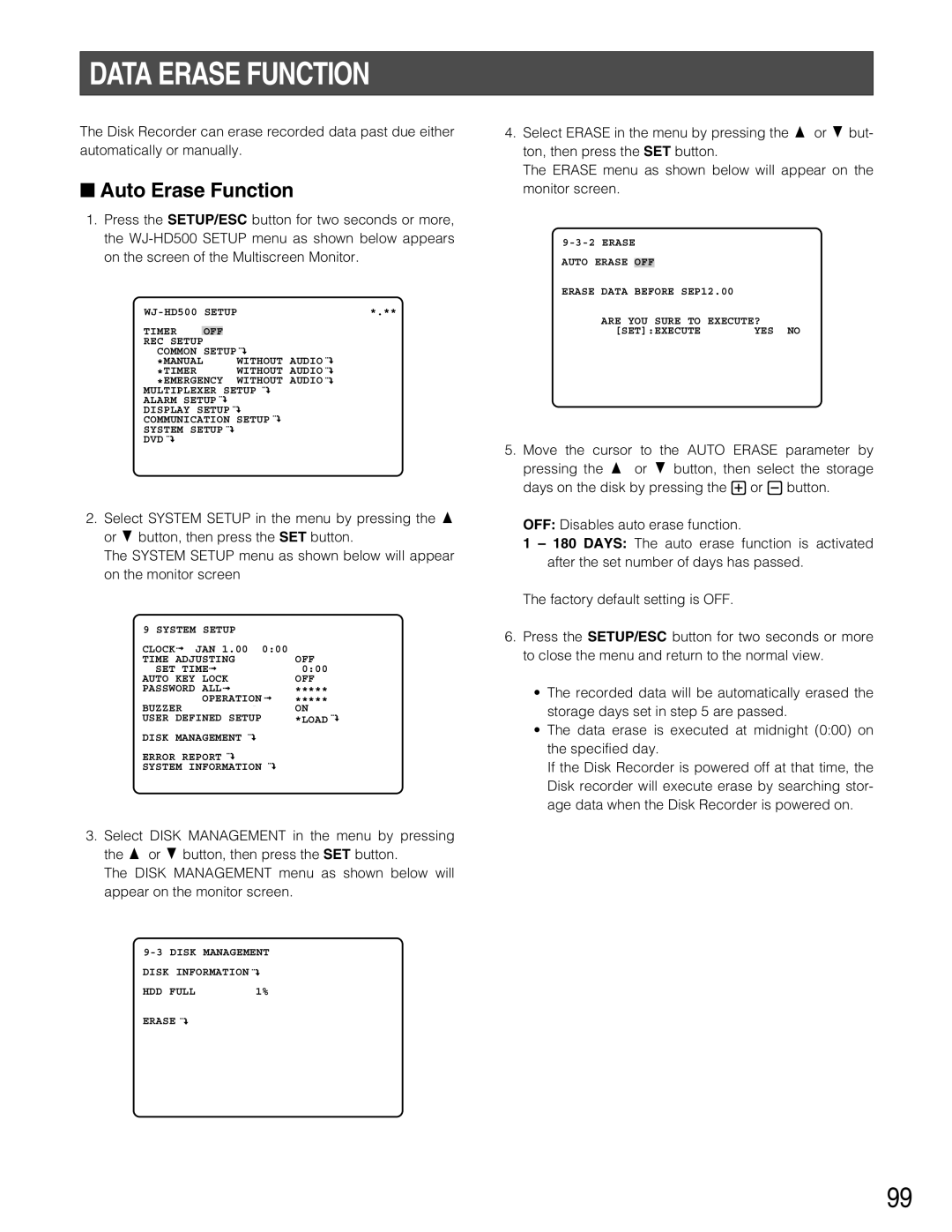 Panasonic WJ-HD500B manual Data Erase Function, Auto Erase Function 