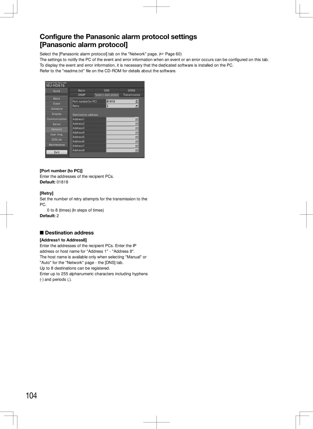 Panasonic WJ-HD716K 104, Port number to PC, Enter the addresses of the recipient PCs, Default Retry, Address1 to Address8 