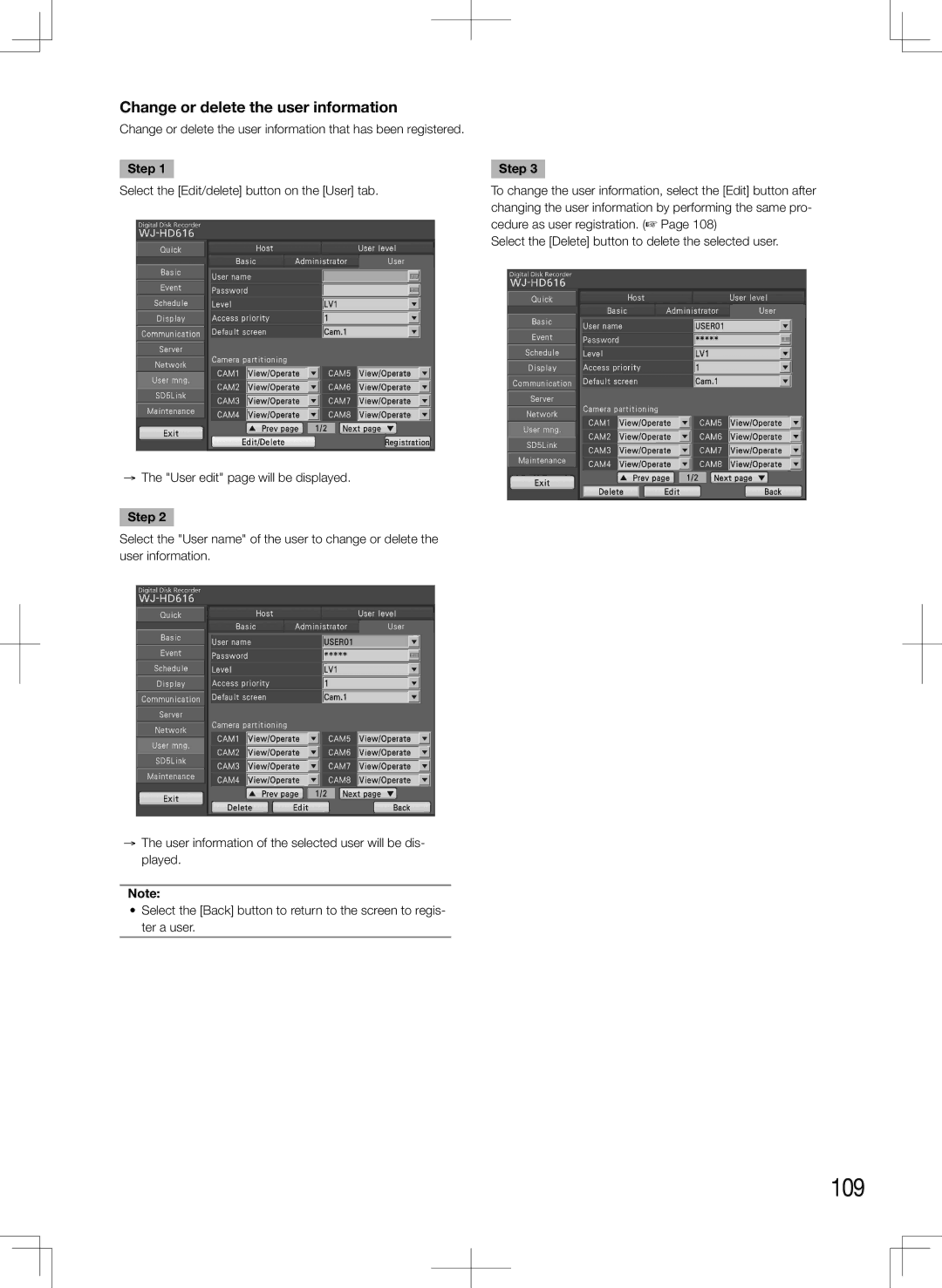 Panasonic WJ-HD616K, WJ-HD716K manual 109, Change or delete the user information 