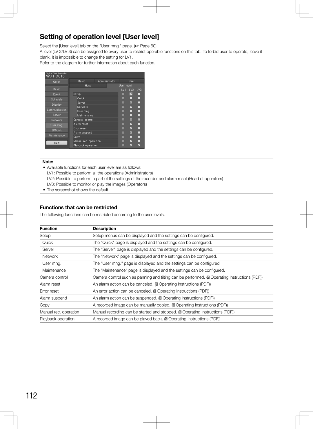 Panasonic WJ-HD716K 112, Setting of operation level User level, Functions that can be restricted, Function Description 