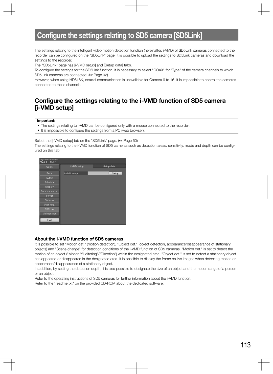 Panasonic WJ-HD616K Configure the settings relating to SD5 camera SD5Link, 113, About the i-VMD function of SD5 cameras 