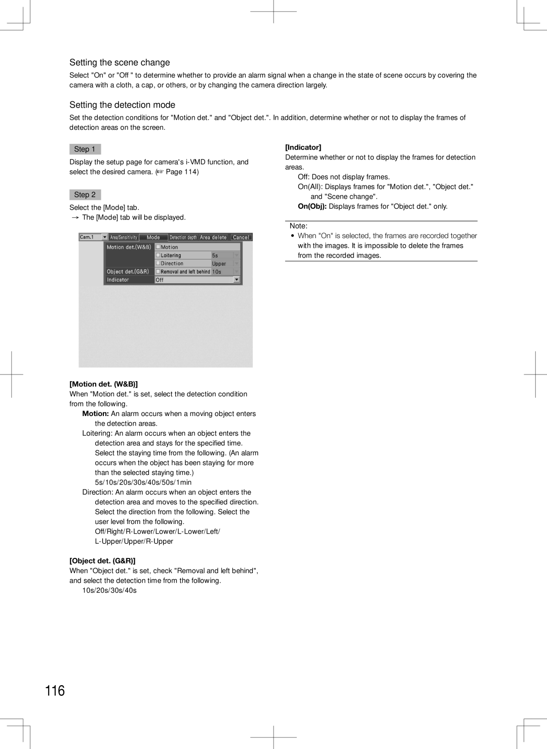 Panasonic WJ-HD716K, WJ-HD616K manual 116, Setting the scene change, Setting the detection mode 